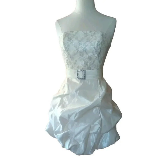 JESSICA McCLINTOCK FOR GUNNE SAX Bubble Dress Sz 5 White Mini Strapless Wedding - Picture 1 of 13